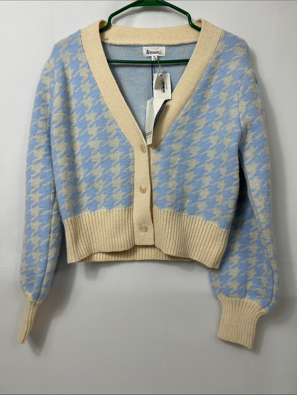 NWT &merci Light Blue Houndstooth Cropped Cardigan Sweater Size M Pastel Prepp